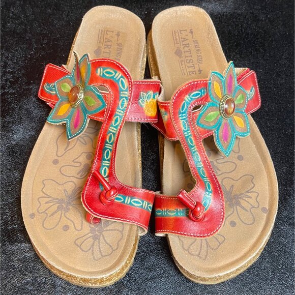 L’Artiste Spring Step Women’s 42 US 11 Red Green Leather Floral Thong Sandals - Picture 2 of 8